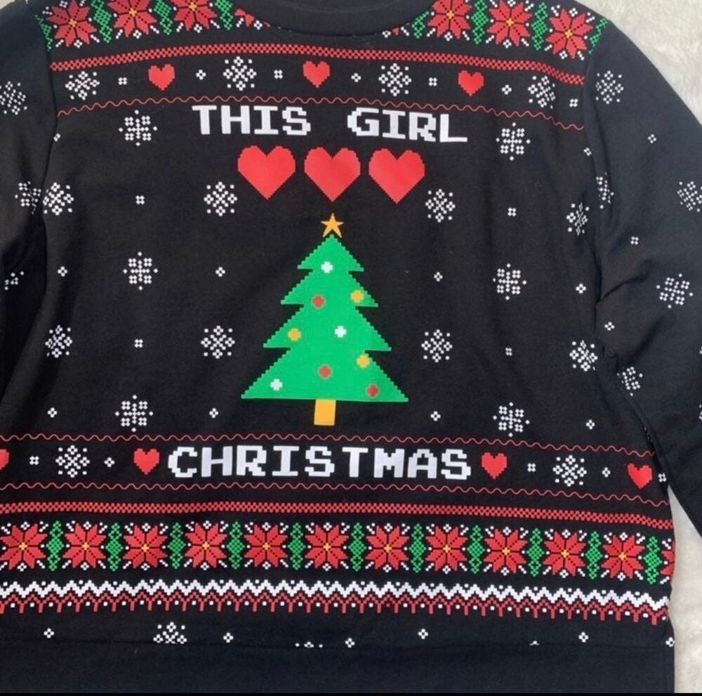“This Girl Loves Christmas” Holiday Sweater Black Festive Pullover Girls XL